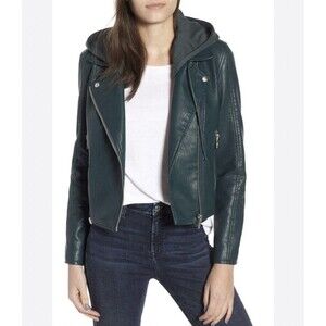 Blank NYC Moto Jacket With Removable Hood Size Small In Green Faux Leather GUC